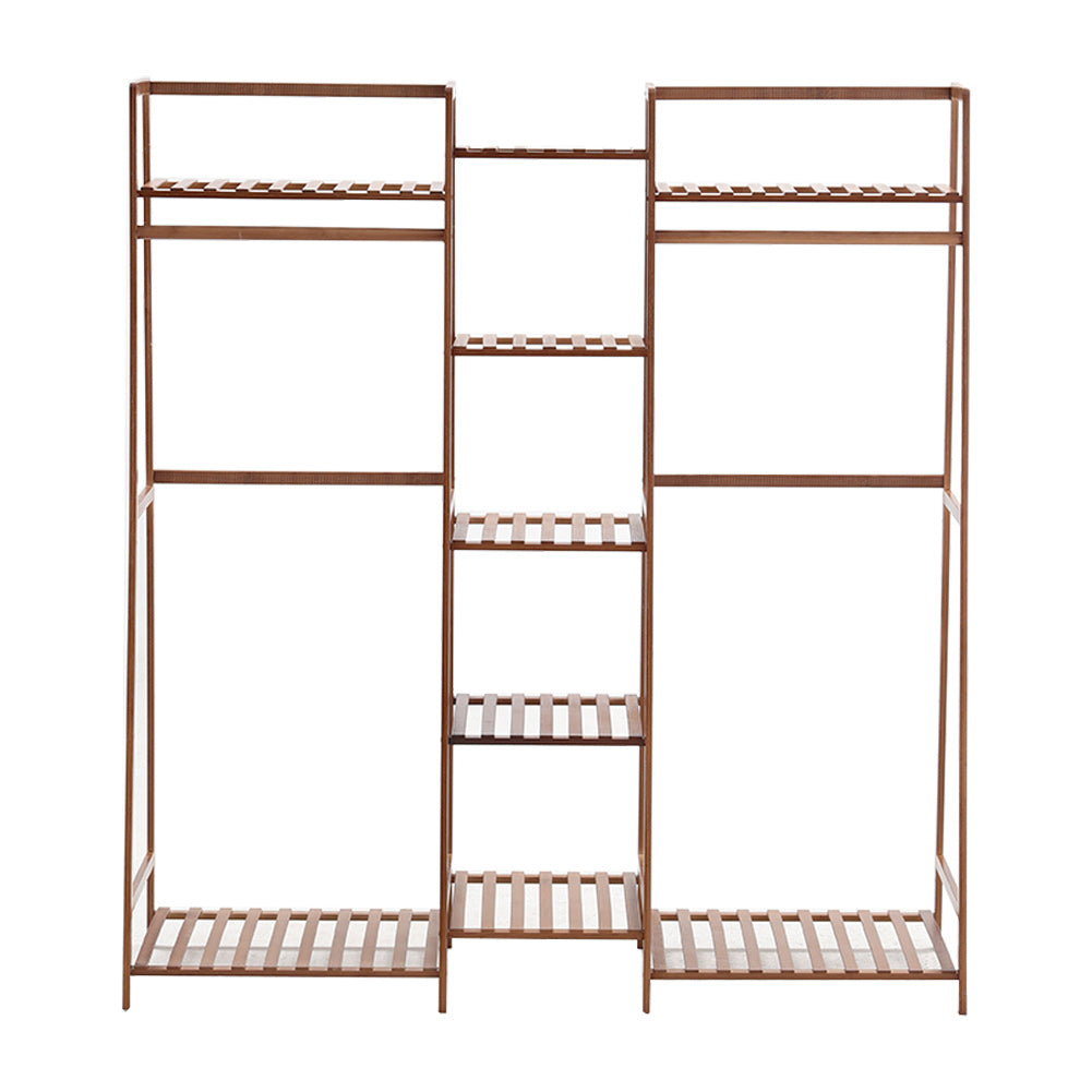 Brown Bamboo Trapezoid Clothing Hanging Rack with Storage Shelves