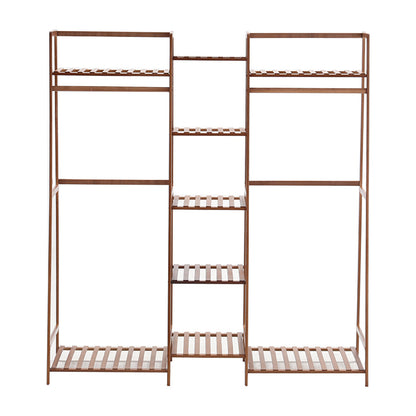 Brown Bamboo Trapezoid Clothing Hanging Rack with Storage Shelves