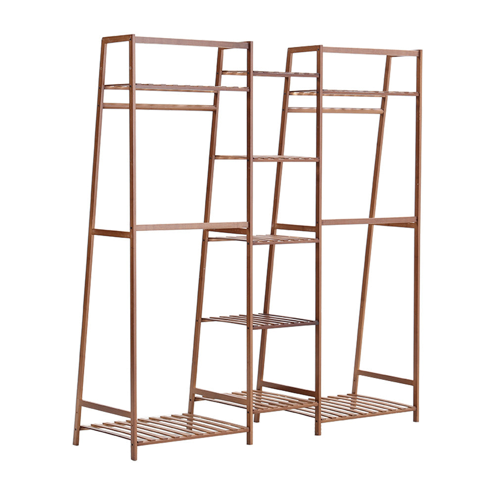 Brown Bamboo Trapezoid Clothing Hanging Rack with Storage Shelves