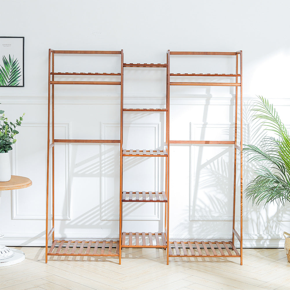 Brown Bamboo Trapezoid Clothing Hanging Rack with Storage Shelves