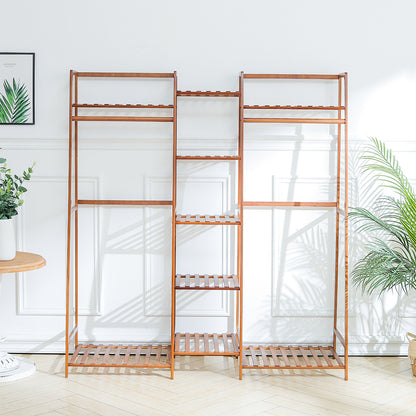 Brown Bamboo Trapezoid Clothing Hanging Rack with Storage Shelves