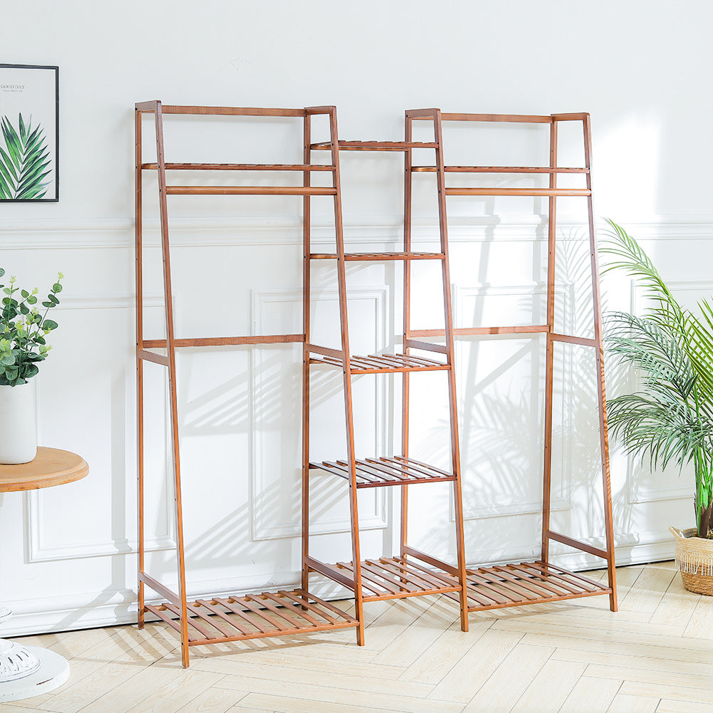 Brown Bamboo Trapezoid Clothing Hanging Rack with Storage Shelves