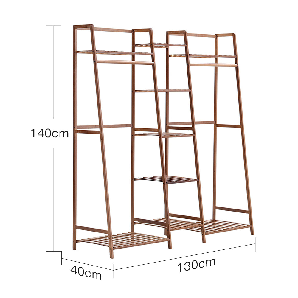 Brown Bamboo Trapezoid Clothing Hanging Rack with Storage Shelves