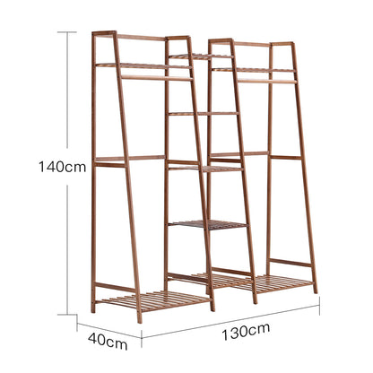 Brown Bamboo Trapezoid Clothing Hanging Rack with Storage Shelves