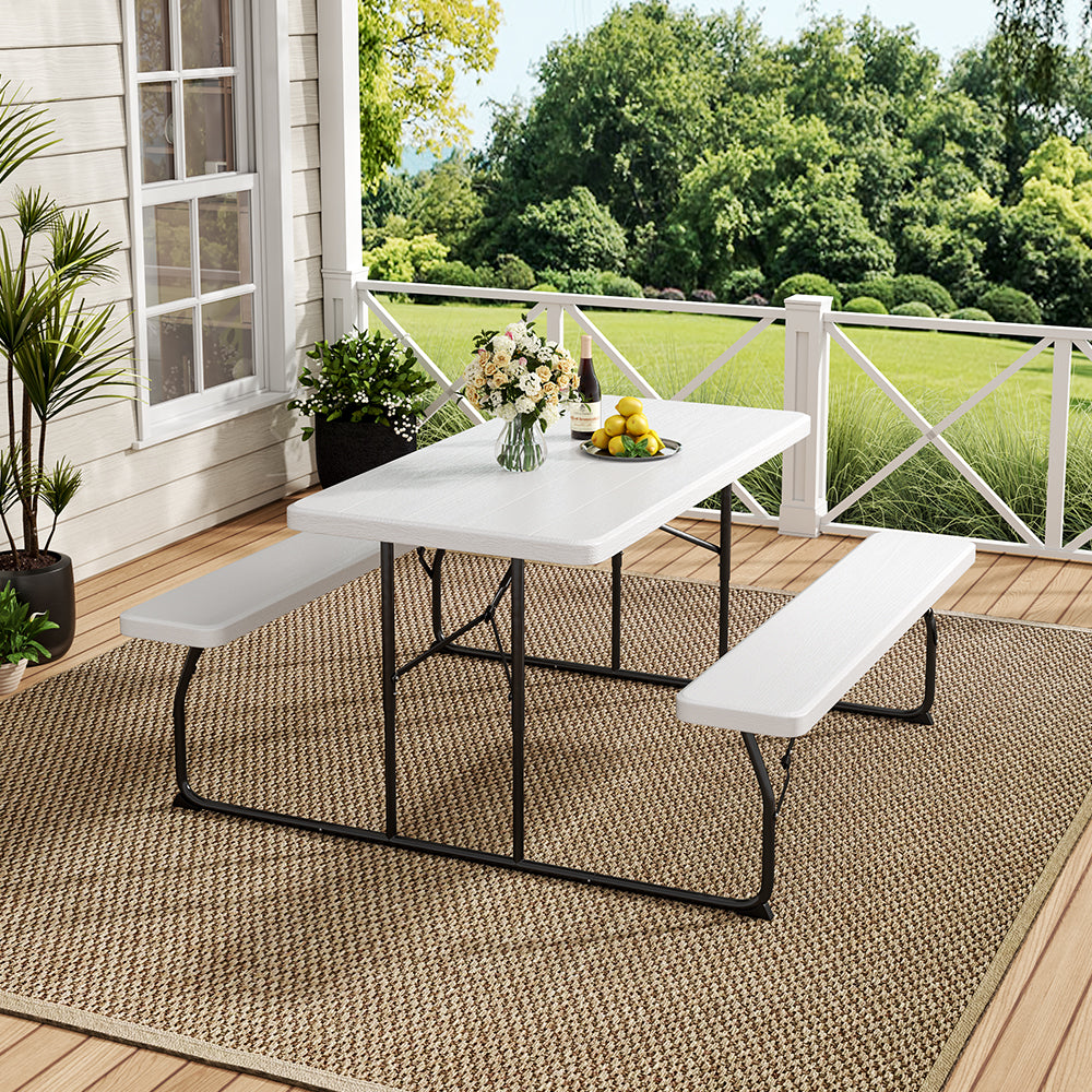 Foldable White Bench and Picnic Table Set