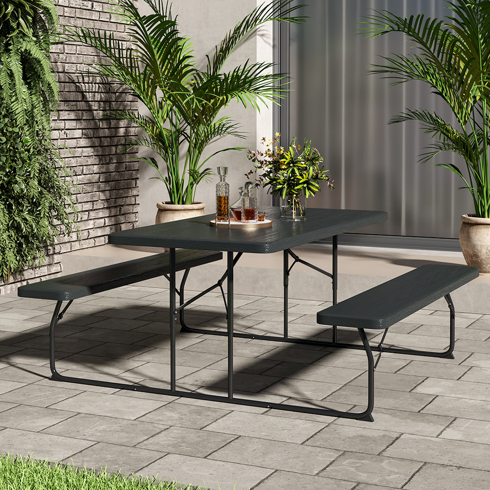 Foldable Black Bench and Picnic Table Set with Parasol Hole