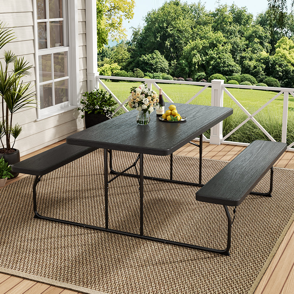 Foldable Black Bench and Picnic Table Set with Parasol Hole