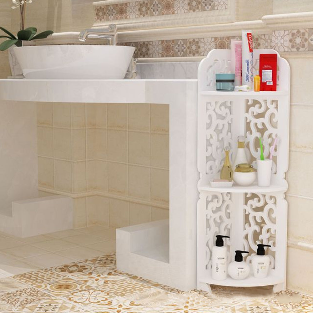 3 Tiers White Freestanding Corner Storage Shelf for Bathroom