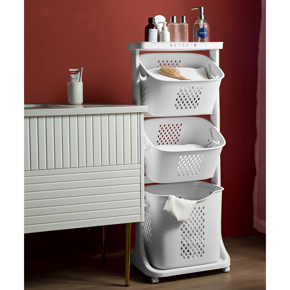 2/3-Tier Bathroom Storage Trolley Laundry Basket with Wheels