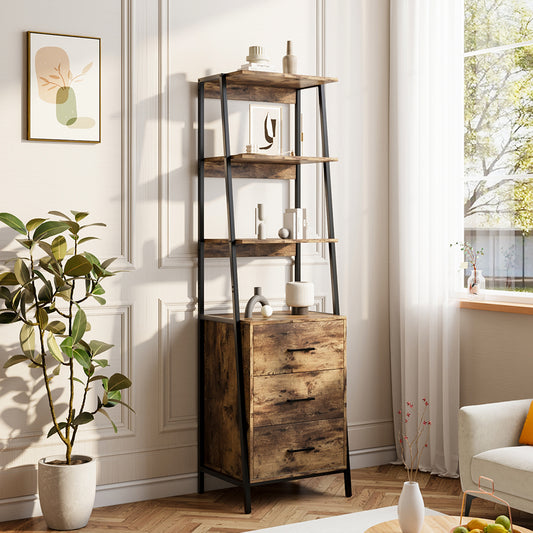 Brown Wooden Bookshelf with Drawers in an Industrial Style