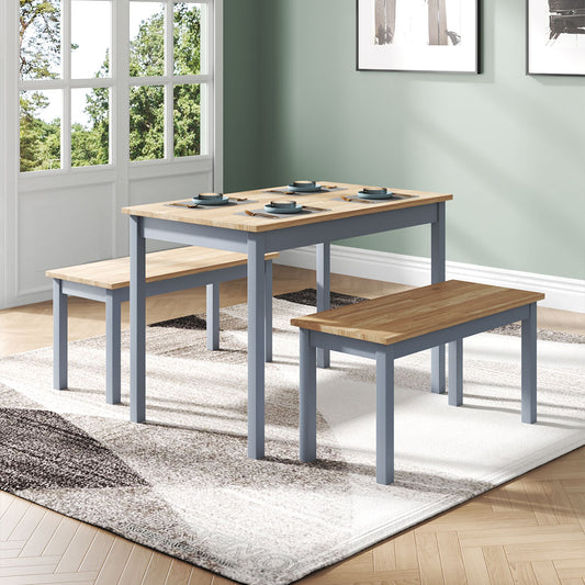 Three contemporary wood dining tables and benches in grey