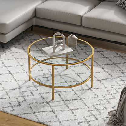 2 Tier Round Glass Coffee Table Side Table Gold Frame