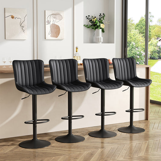 Two Black Gas Lift Bar Stools with Faux Leather Backrests