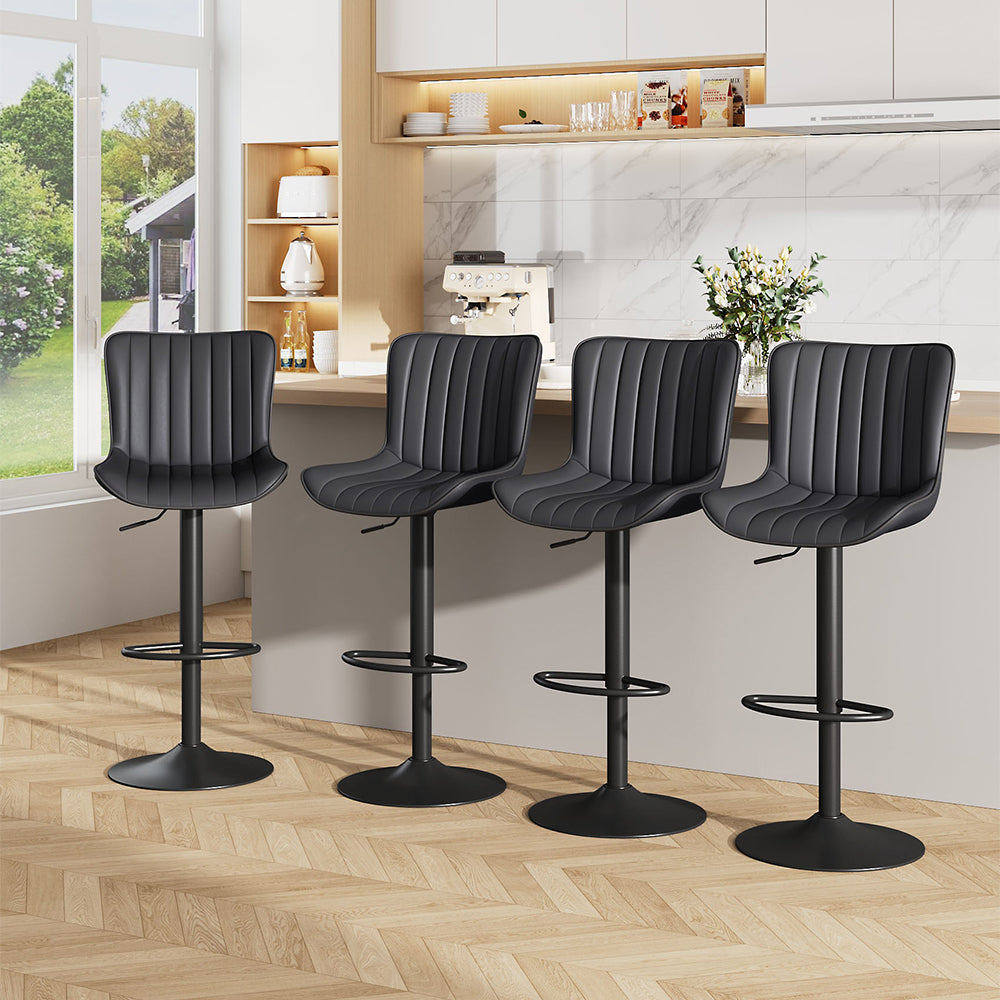 Two Black Gas Lift Bar Stools with Faux Leather Backrests