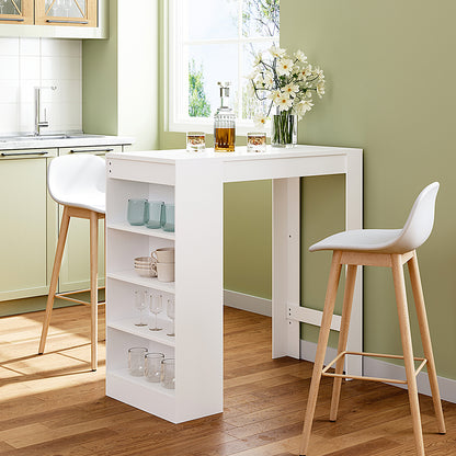 White Wooden Bar Table with Open Shelves White Table Top