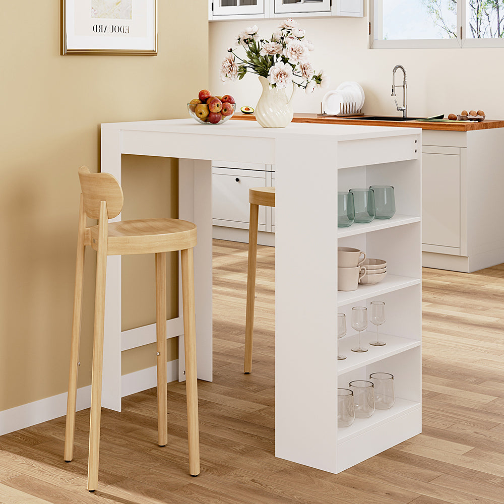 White Wooden Bar Table with Open Shelves White Table Top