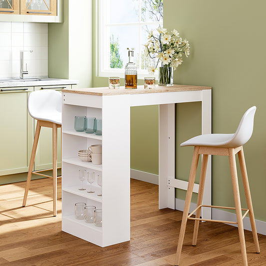 Natural table top and open shelves on a white wooden bar table