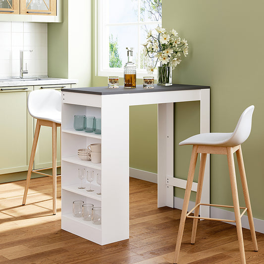 Black tabletop and open shelves on a white wooden bar table