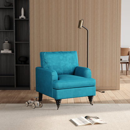 Blue Green Modern Upholstered Armchair with Wooden Legs