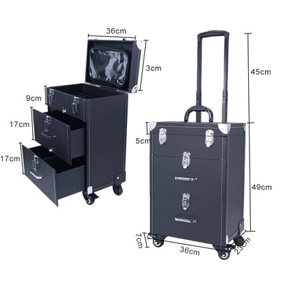 Leather 2 Drawers Cosmetic Travel Case Beauty case on Wheels Black