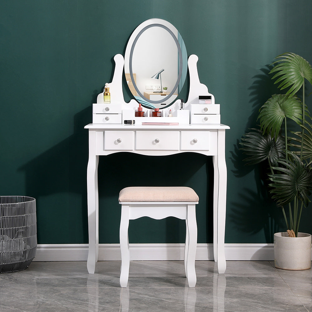 White Lighted Makeup Vanity Desk with Mirror and Stool