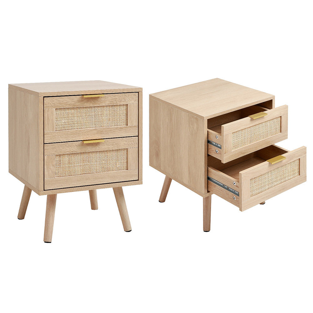 Set of 2 Wood and Rattan Side Cabinet