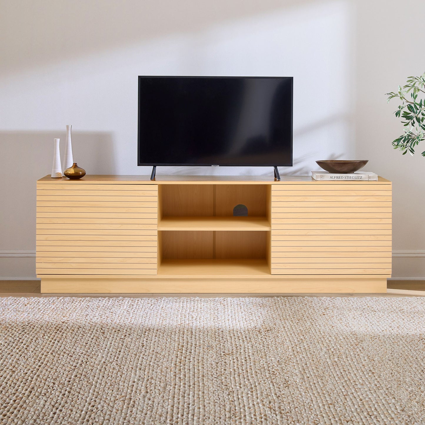 Rustic Wooden TV Stand with 2 Doors and 2 Open Shelves