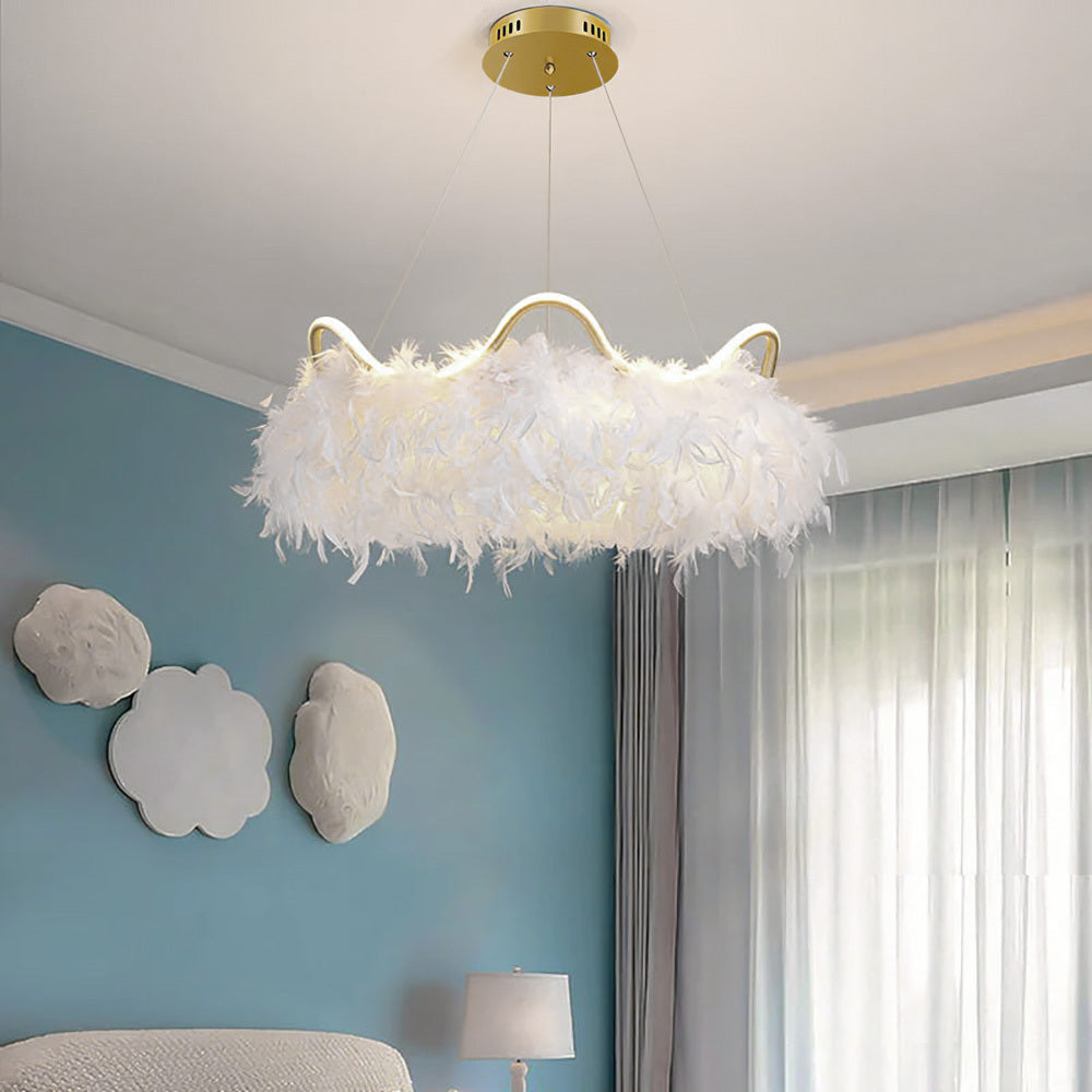 White and Gold Feather LED Pendant White Light