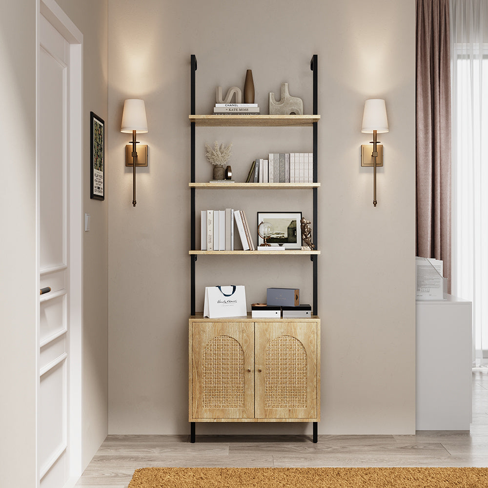 Wooden Bookshelf with Rattan Cabinet