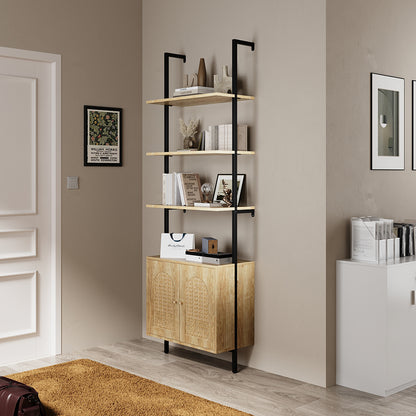 Wooden Bookshelf with Rattan Cabinet