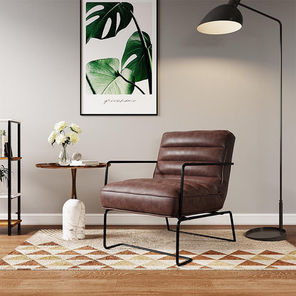 Brown Mid-Century PU leather Linen Armchair with Metal Base