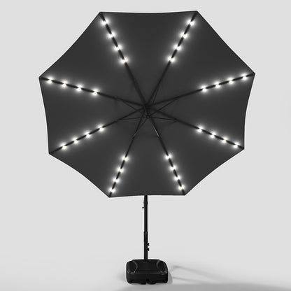 3M Large Garden Hanging LED Parasol Cantilever Sun Shade Banana Umbrella with Rectangular Base, Dark Grey