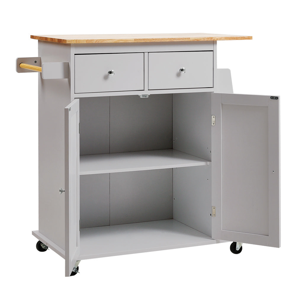 Grey Rolling Kitchen Trolley with Rubber Wood Top