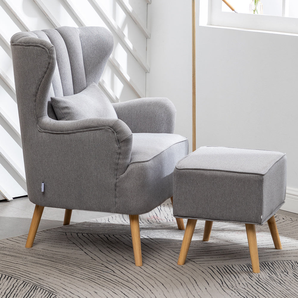 Grey Linen Armchair with Footstool and Pillow