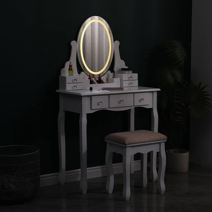 White Lighted Makeup Vanity Desk with Mirror and Stool