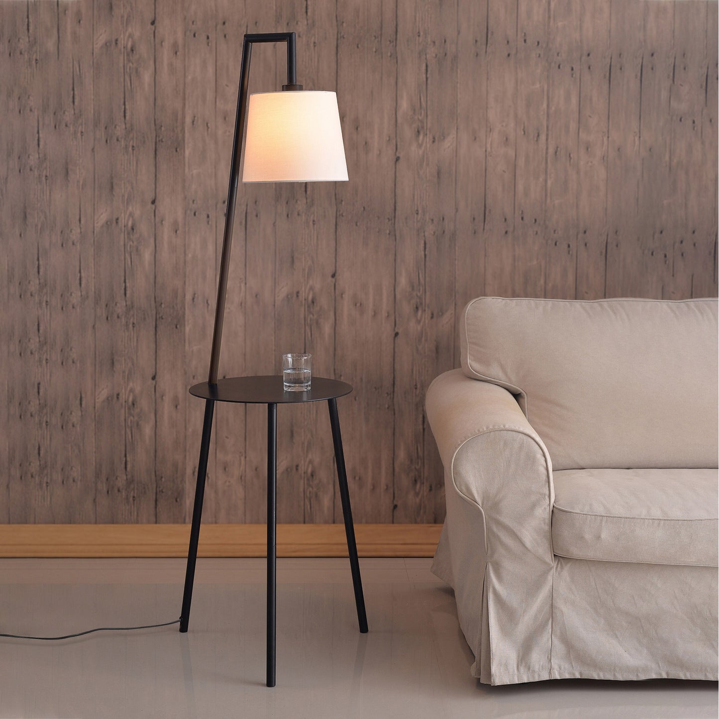 Metal Tray Table Floor Lamp with Linen Lampshade