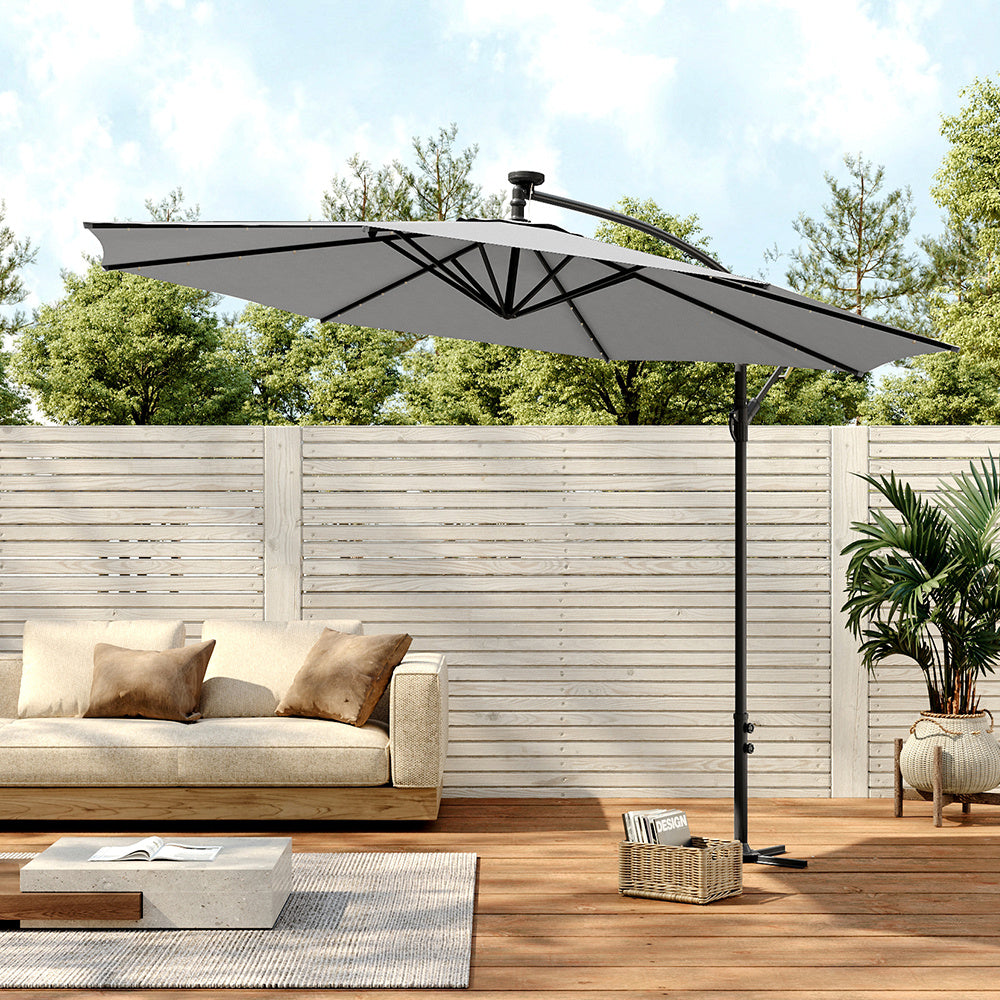 3M Large Garden Hanging LED Parasol Cantilever Sun Shade Banana Umbrella No Base, Light Grey
