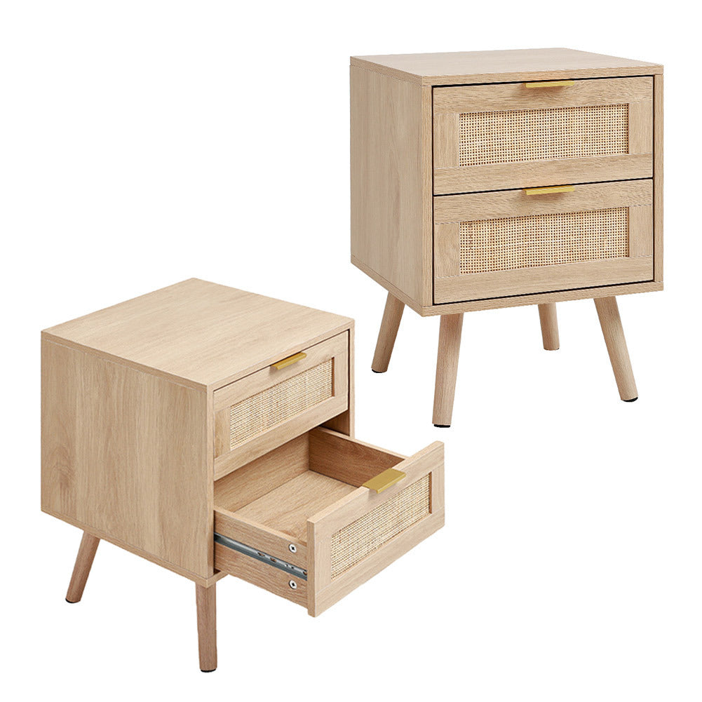 Set of 2 Wood and Rattan Side Cabinet