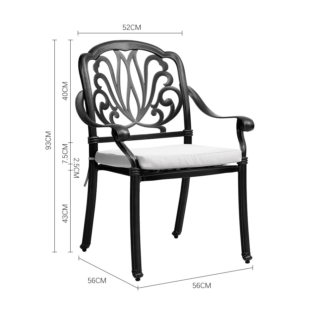 Black Set of 2 Outdoor Cast Aluminum Dining Chairs with Cushions
