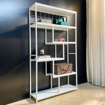 Six-tiered open bookcase storage shelf in white