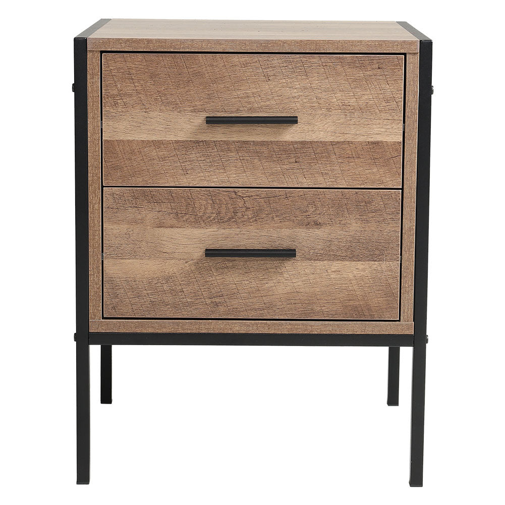 Metal Frame Wood Industrial Bedside Table with 2 Drawers