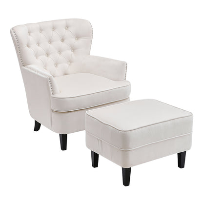 Beige Tufted Velvet Accent Armchair and Ottoman Set