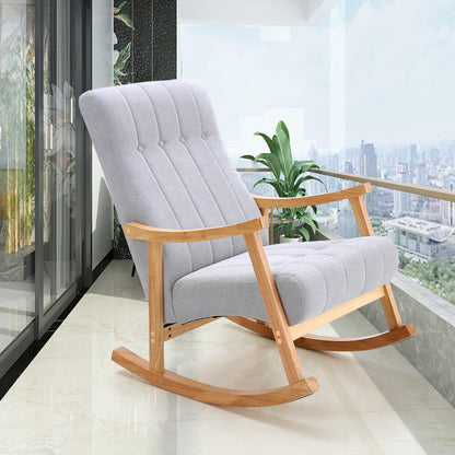 Light Grey Velvet Upholstered Tufting Rocking Chair with Rubberwood Frame