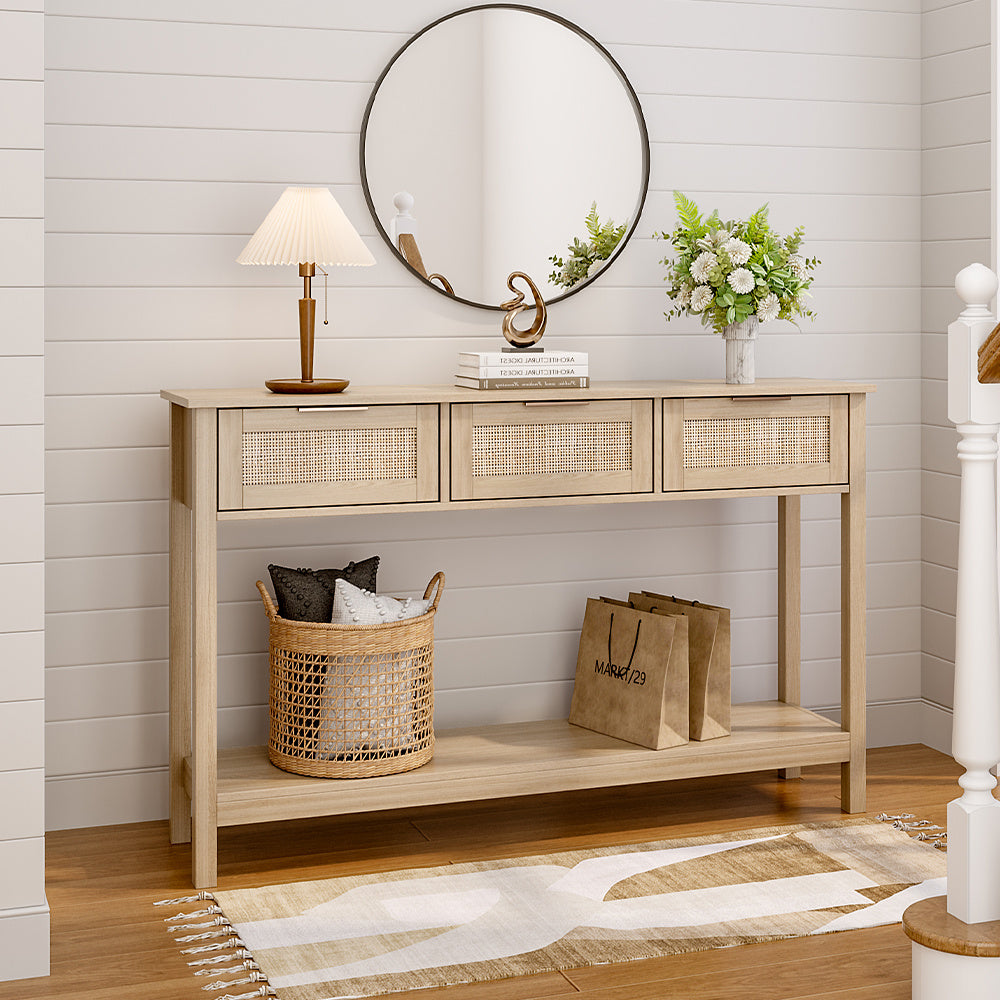 Rustic Wood Console Table with 3 Rattan Drawer