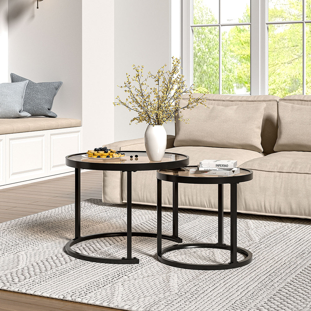 Set of 2 Black Glass Round Nesting Coffee Table