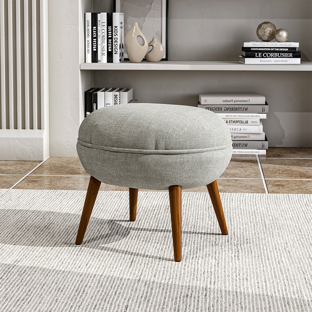 Beige Linen Upholstered Oval Footstool with Wooden Legs
