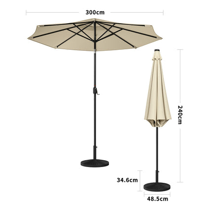 3M Large Garden LED Parasol Outdoor Beach Umbrella with Light Sun Shade Crank Tilt with 14KG Round Base, Beige