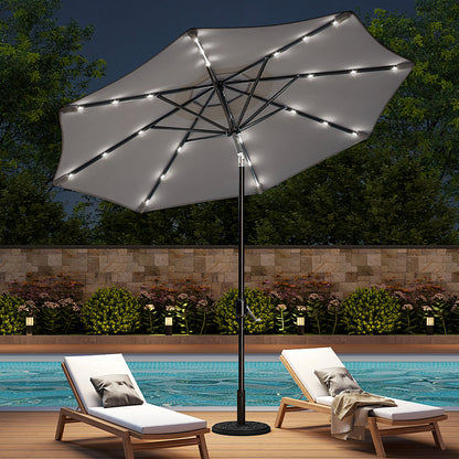 3M Large Garden LED Parasol Outdoor Beach Umbrella with Light Sun Shade Crank Tilt with 10KG Round Base, Light Grey