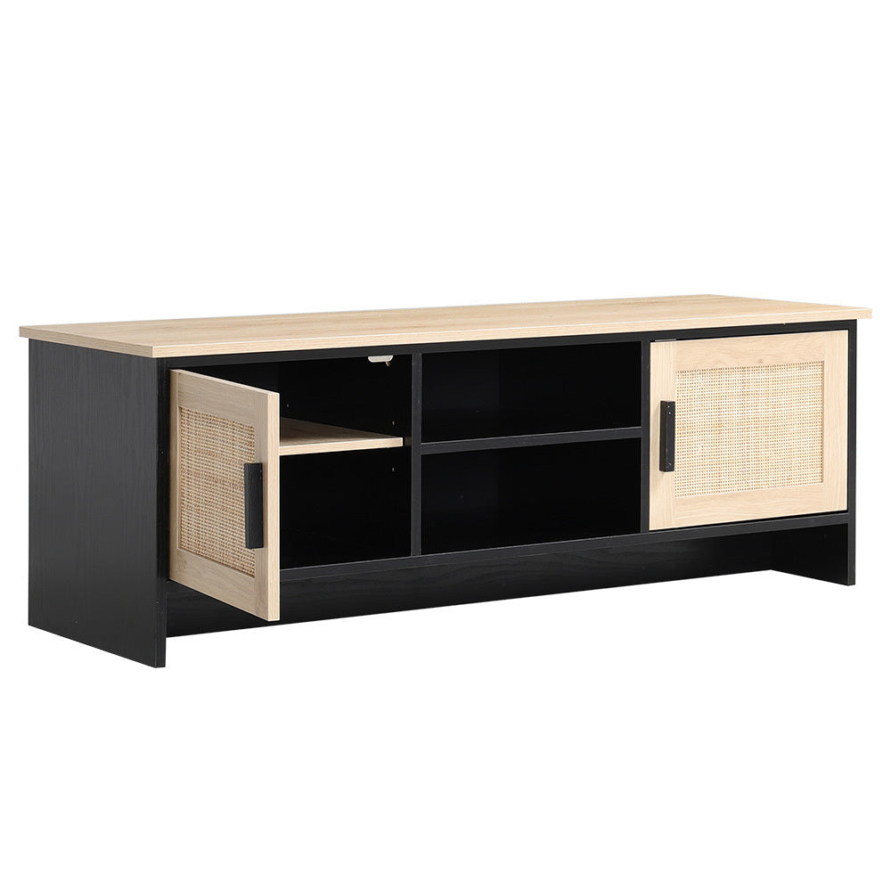 Beige Modern TV Stand Wooden Storage Cabinet with Rattan Doors