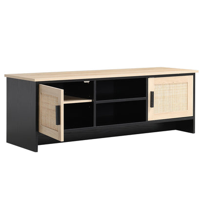 Beige Modern TV Stand Wooden Storage Cabinet with Rattan Doors